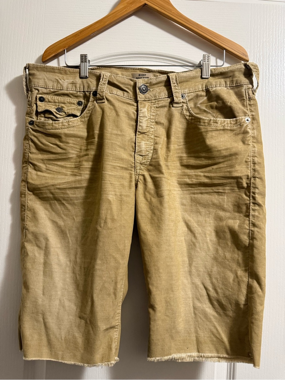 True Religion Men's Tan Chino Shorts with Frayed Hem